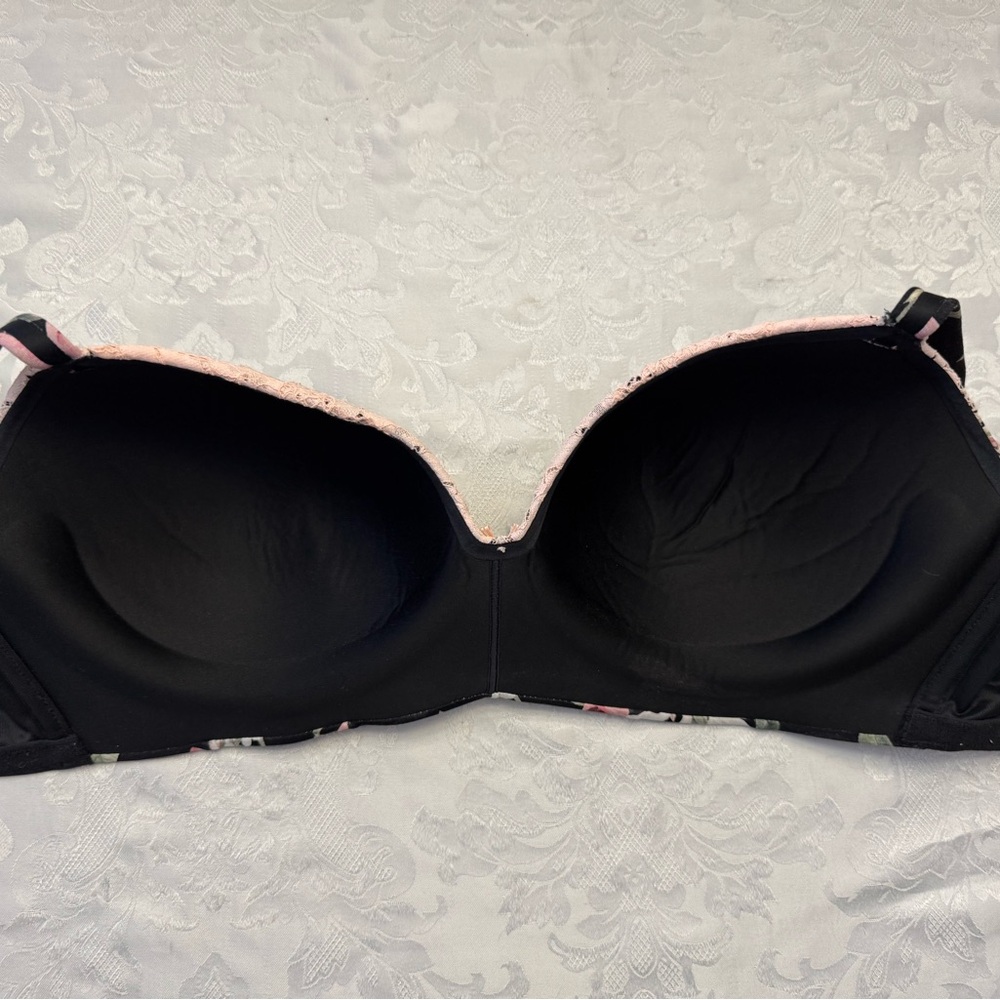 Cacique Lightly Lined T Shirt No Wire Bra Size‎ 42D Black Pink Lace Floral Sexy - Picture 5 of 8